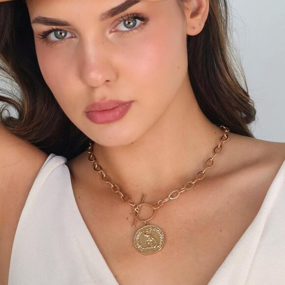 Chunky Coin Fashion Gold Necklace Trendy Statement Toggle Necklaces Women Antiqu - Picture 4 of 9